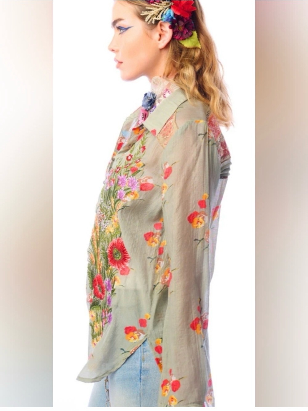 Aratta Mia Grace Floral Embroidered Olive Fall Blouse NWT #cottagecore - Picture 4 of 13